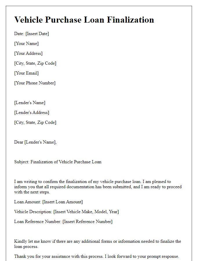 Letter template of vehicle purchase loan finalization