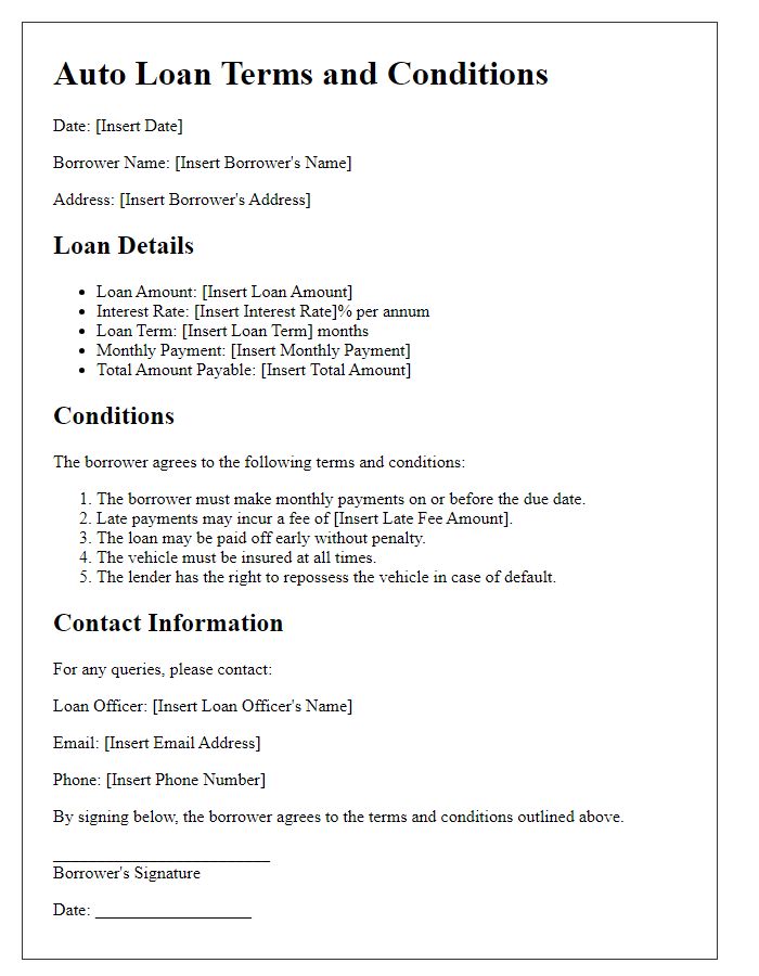 Letter template of auto loan terms and conditions.