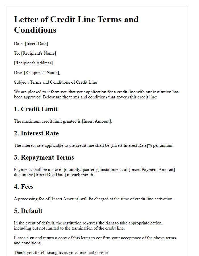 Letter template of credit line terms and conditions.