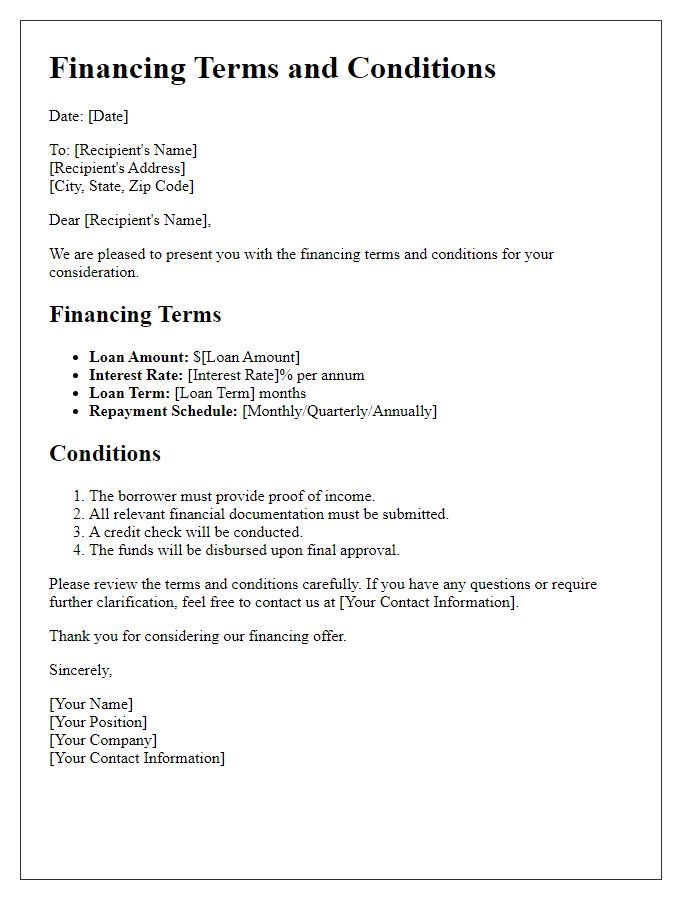 Letter template of financing terms and conditions.