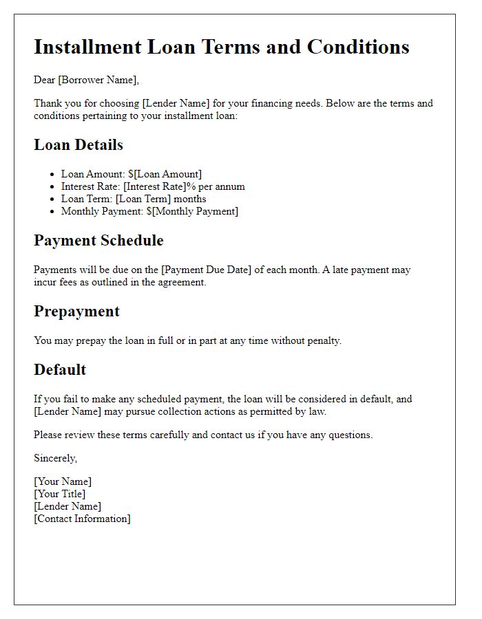 Letter template of installment loan terms and conditions.