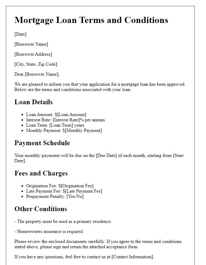 Letter template of mortgage loan terms and conditions.