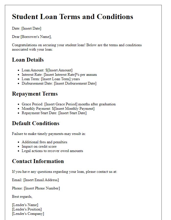 Letter template of student loan terms and conditions.