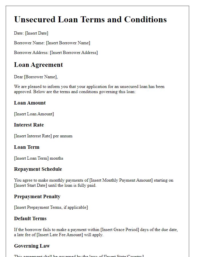 Letter template of unsecured loan terms and conditions.