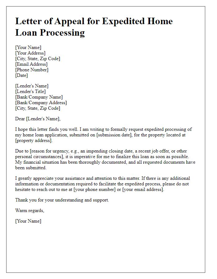 Letter template of appeal for expedited home loan processing