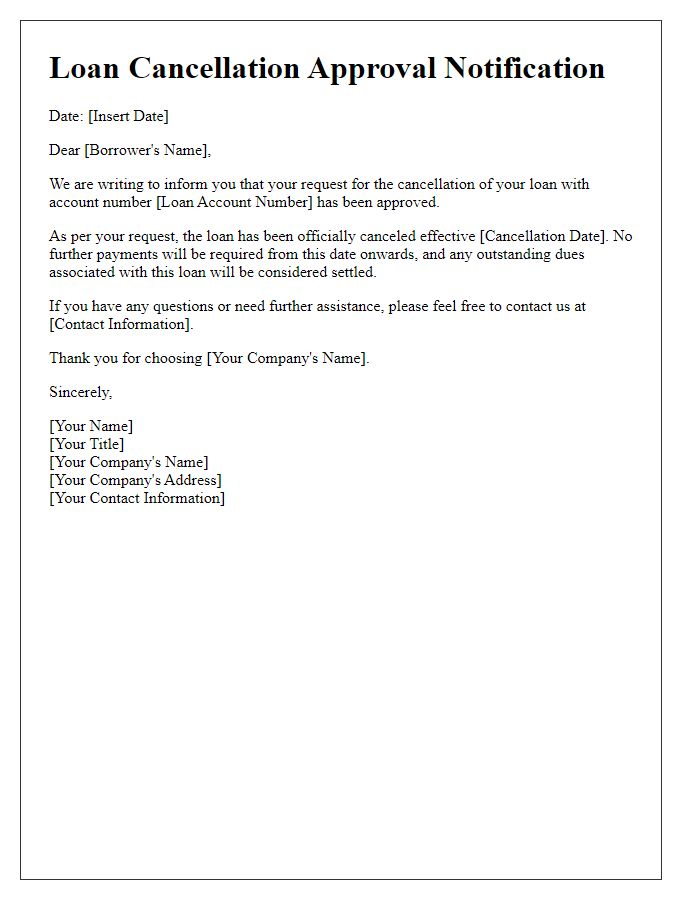 Letter template of loan cancellation approval notification