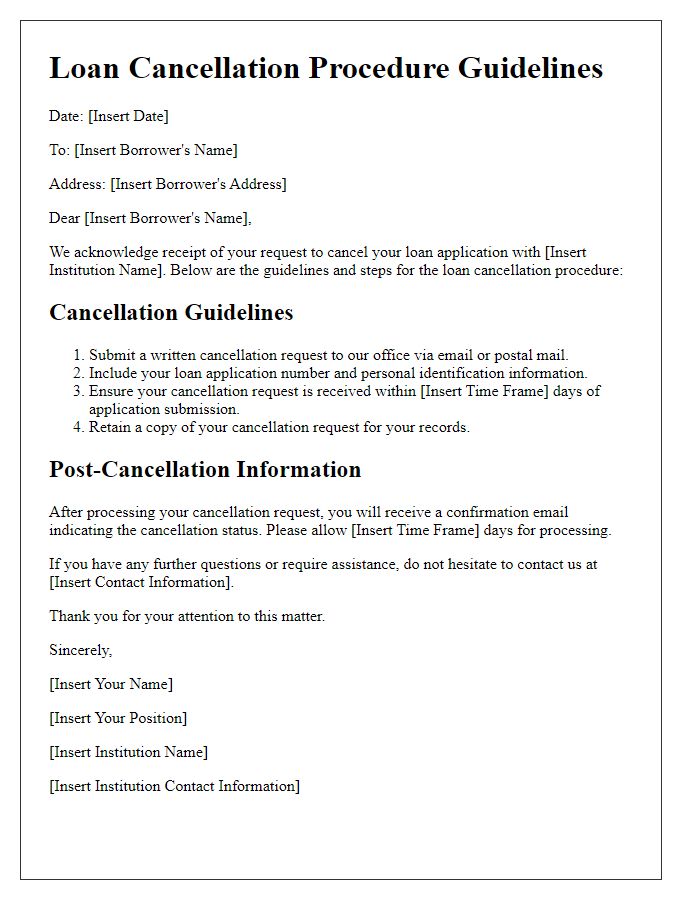 Letter template of loan cancellation procedure guidelines