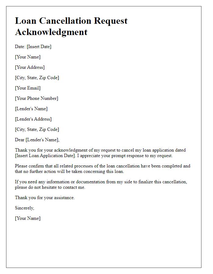 Letter template of loan cancellation request acknowledgment