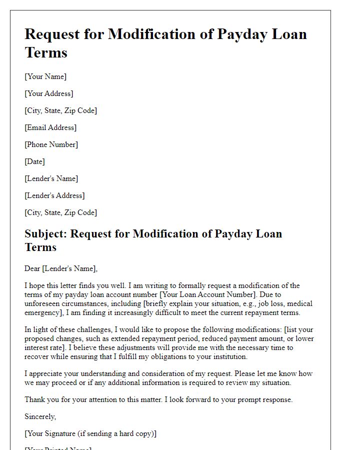 Letter template of payday loan term modification