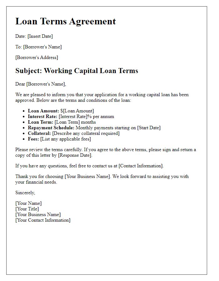 Letter template of small business working capital loan terms