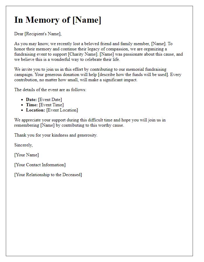 Letter template of memorial charity fundraising