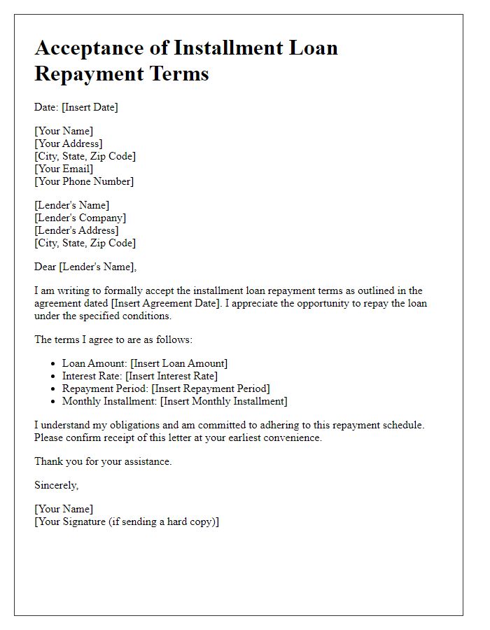 Letter template of acceptance for installment loan repayment terms