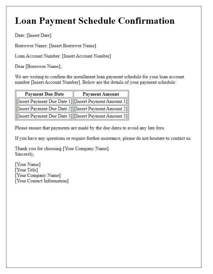 Letter template of confirmation for installment loan payment schedule