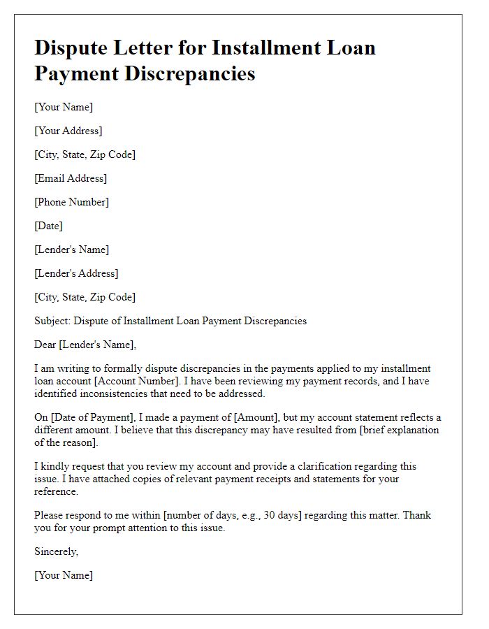 Letter template of dispute for installment loan payment discrepancies