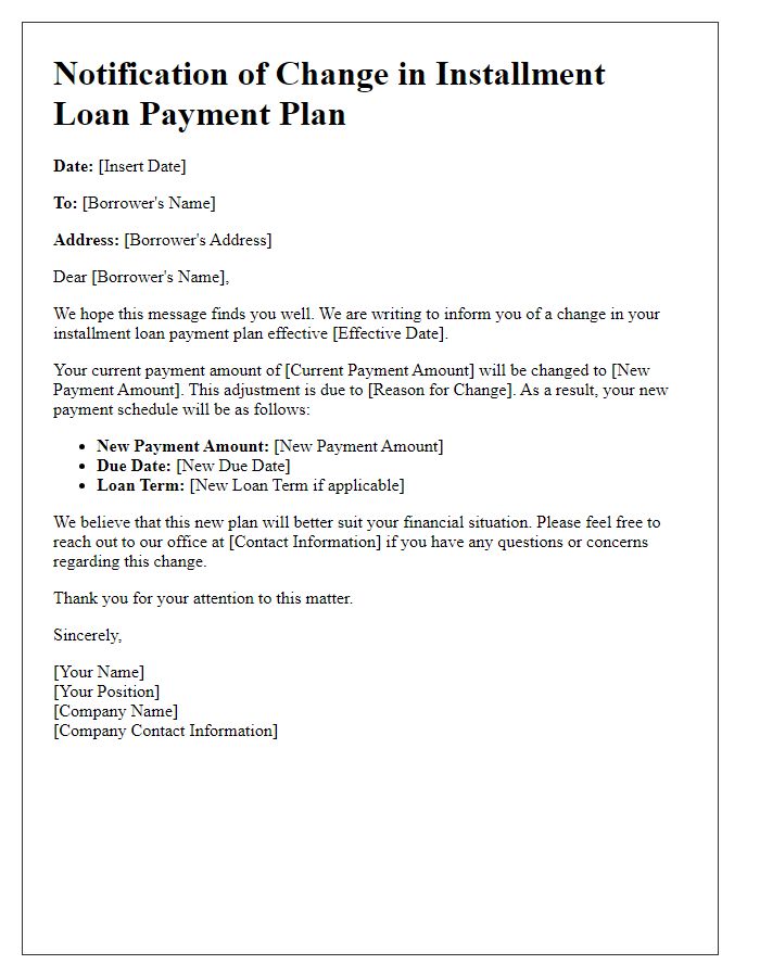 Letter template of notification for change in installment loan payment plan