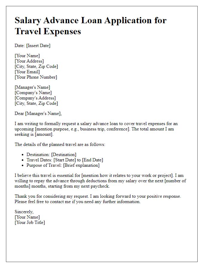 Letter template of salary advance loan application for travel expenses.