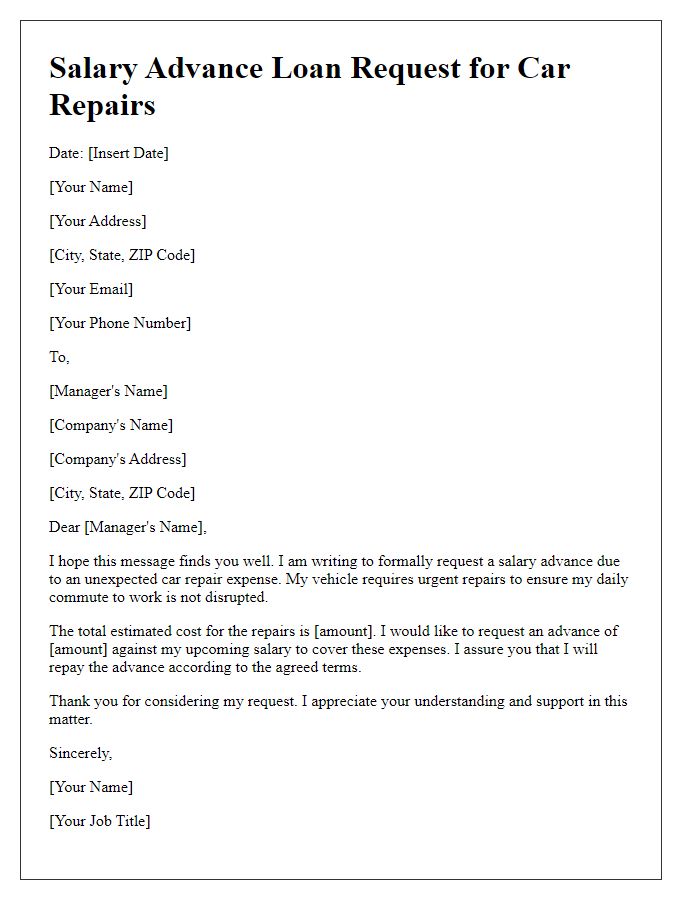 Letter template of salary advance loan request for car repairs.