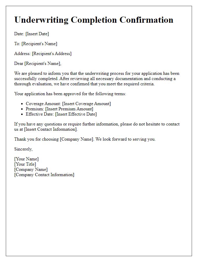 Letter template of underwriting completion confirmation