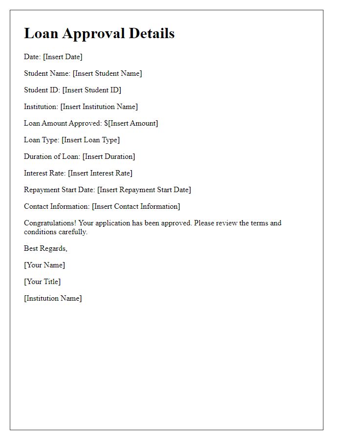 Letter template of academic loan approval details