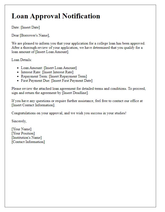 Letter template of college loan approval communication