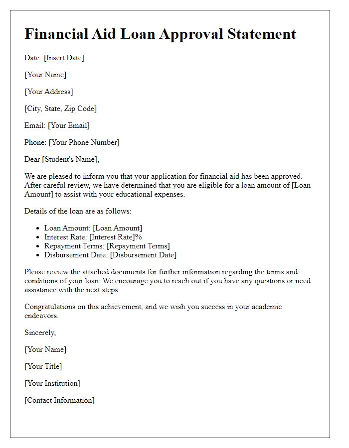 Letter template of financial aid loan approval statement