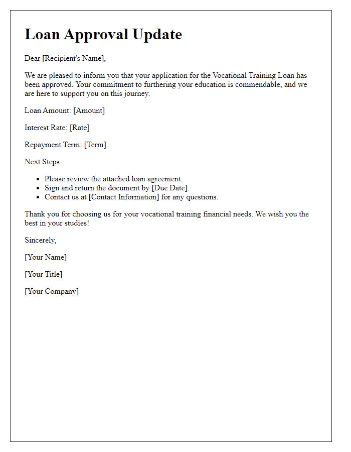 Letter template of vocational training loan approval update