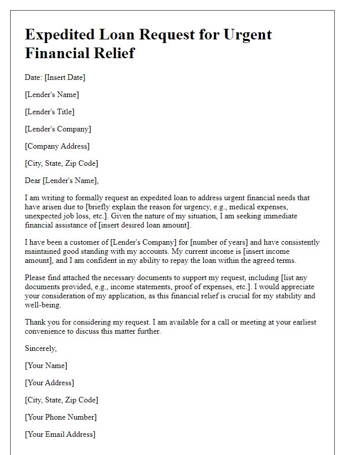 Letter template of expedited loan request for urgent financial relief