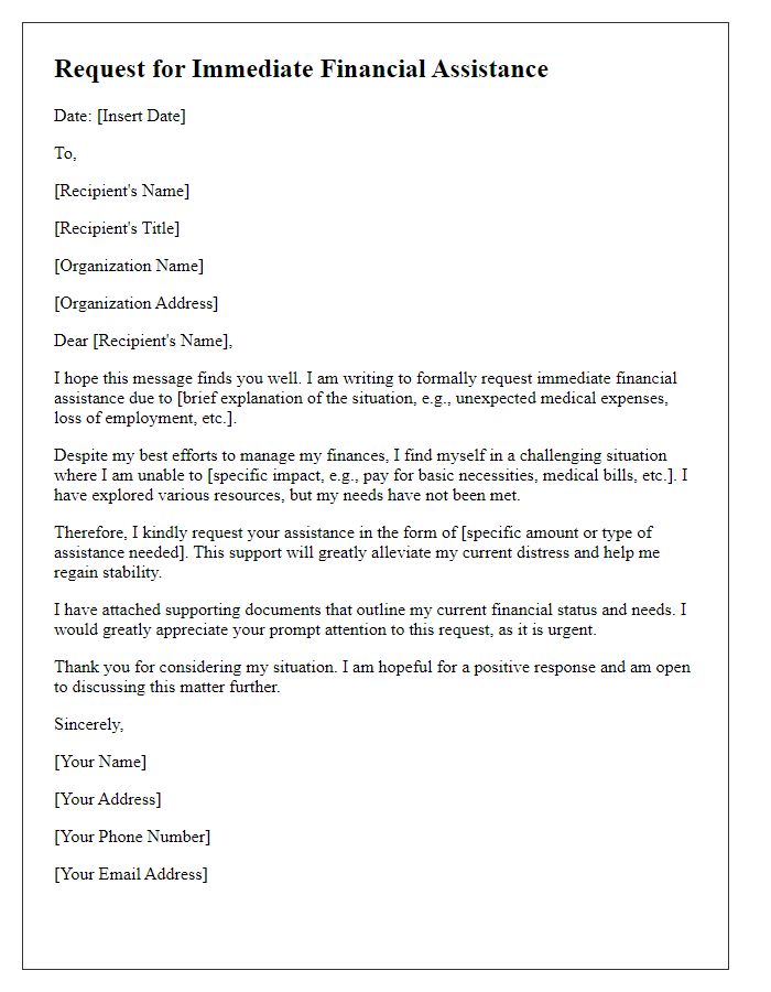 Letter template of immediate financial assistance request