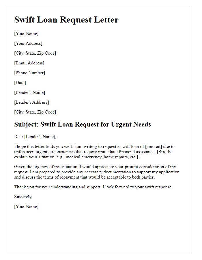 Letter template of swift loan request for urgent needs