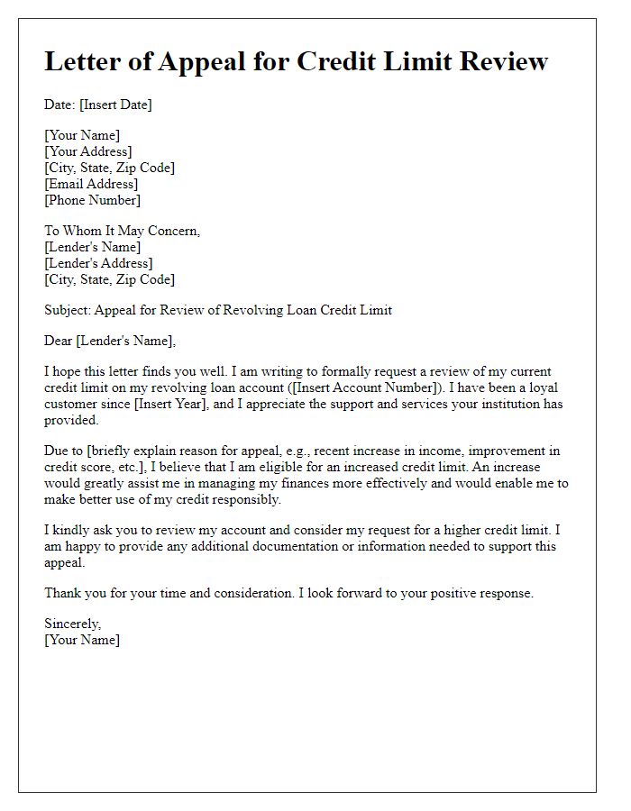 Letter template of appeal for revolving loan credit limit review.