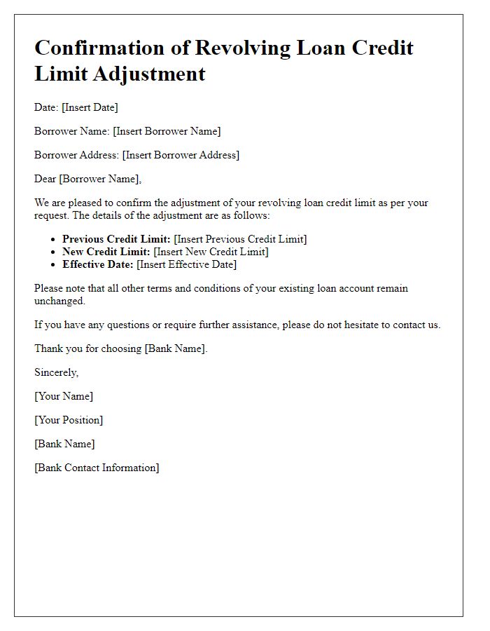 Letter template of confirmation of revolving loan credit limit adjustment.