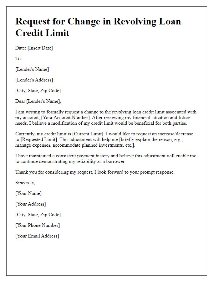 Letter template of submission for revolving loan credit limit change.