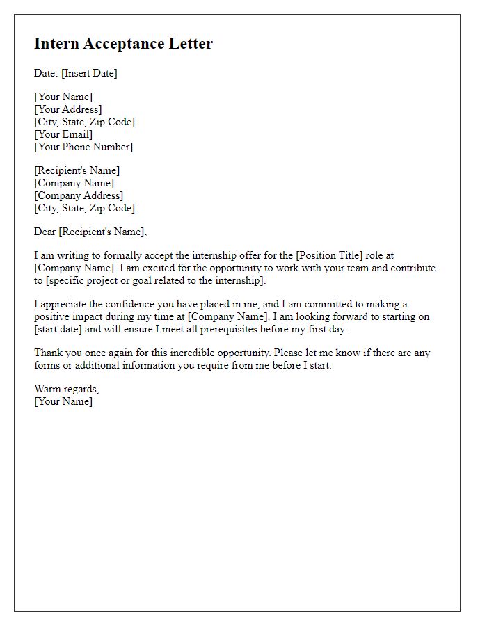 Letter template of intern role acceptance