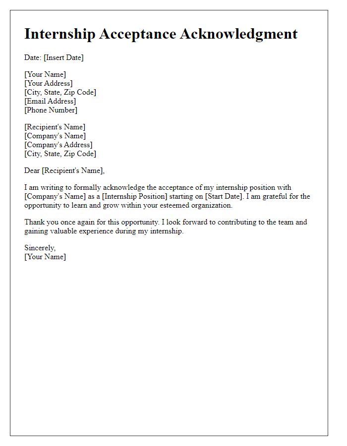 Letter template of internship acceptance acknowledgment