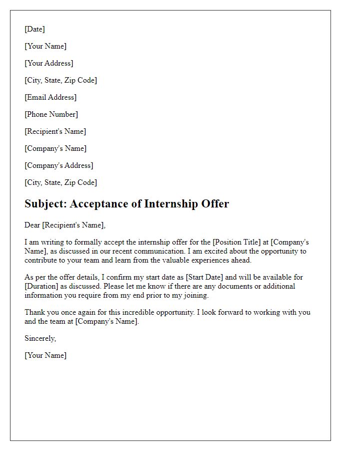 Letter template of internship acceptance communication