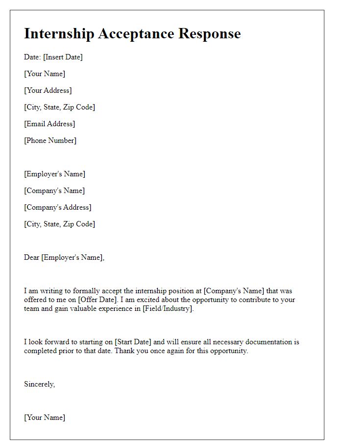 Letter template of internship acceptance response