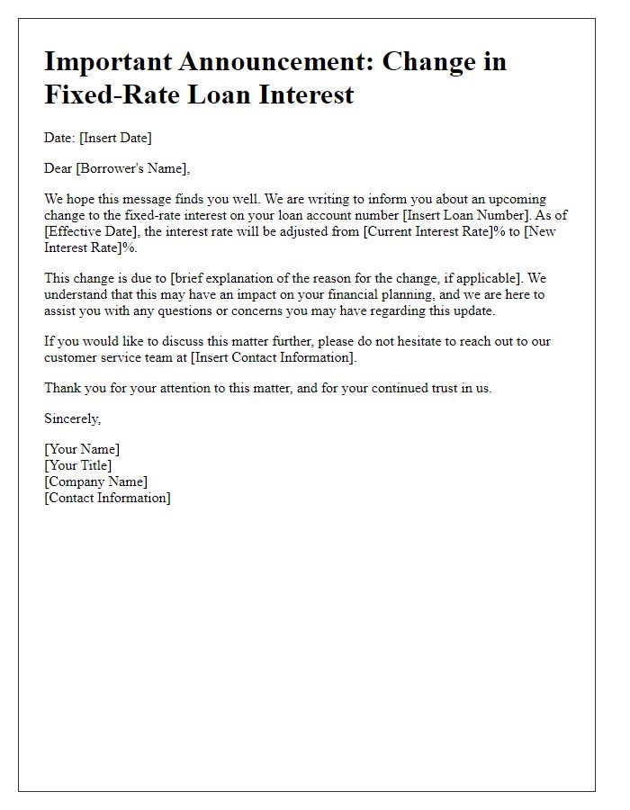 Letter template of fixed-rate loan interest change announcement.