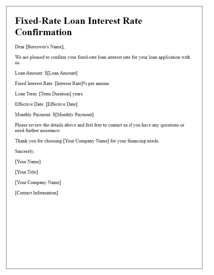 Letter template of fixed-rate loan interest rate confirmation.