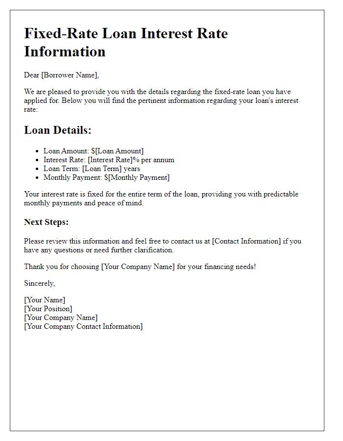 Letter template of fixed-rate loan interest rate information.