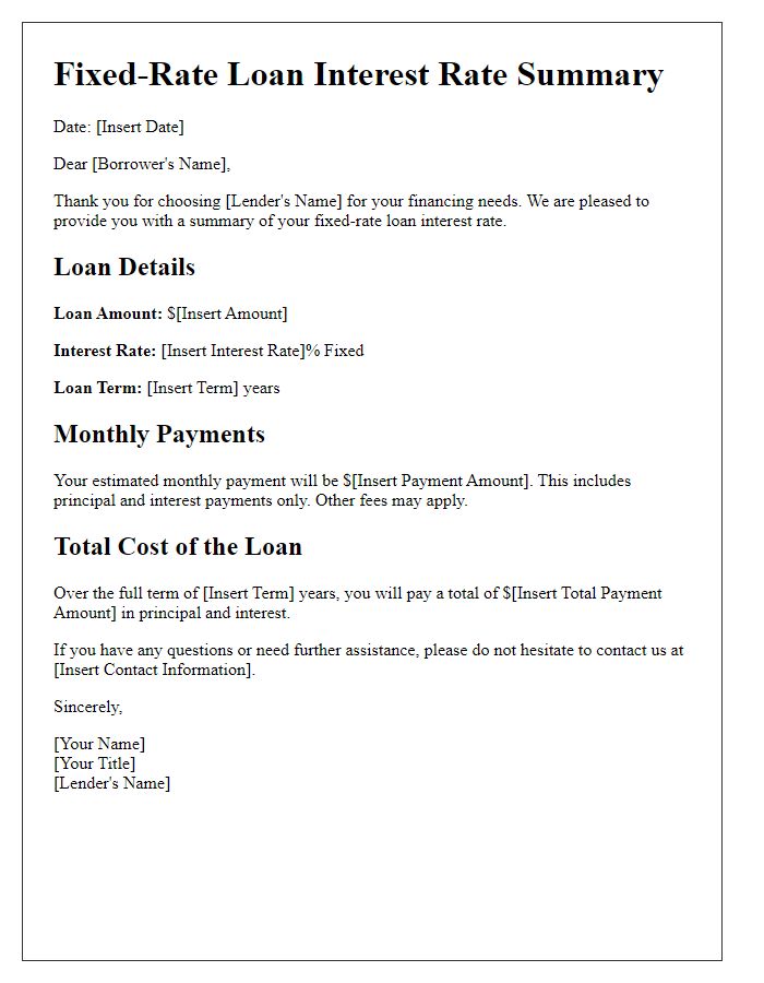 Letter template of fixed-rate loan interest rate summary.