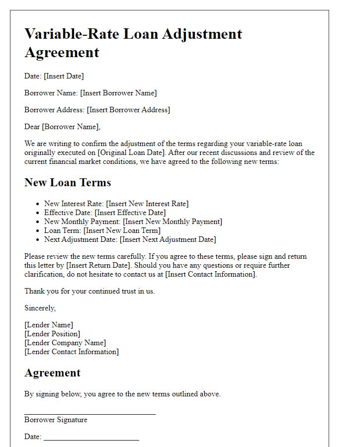 Letter template of variable-rate loan adjustment agreement for new terms.