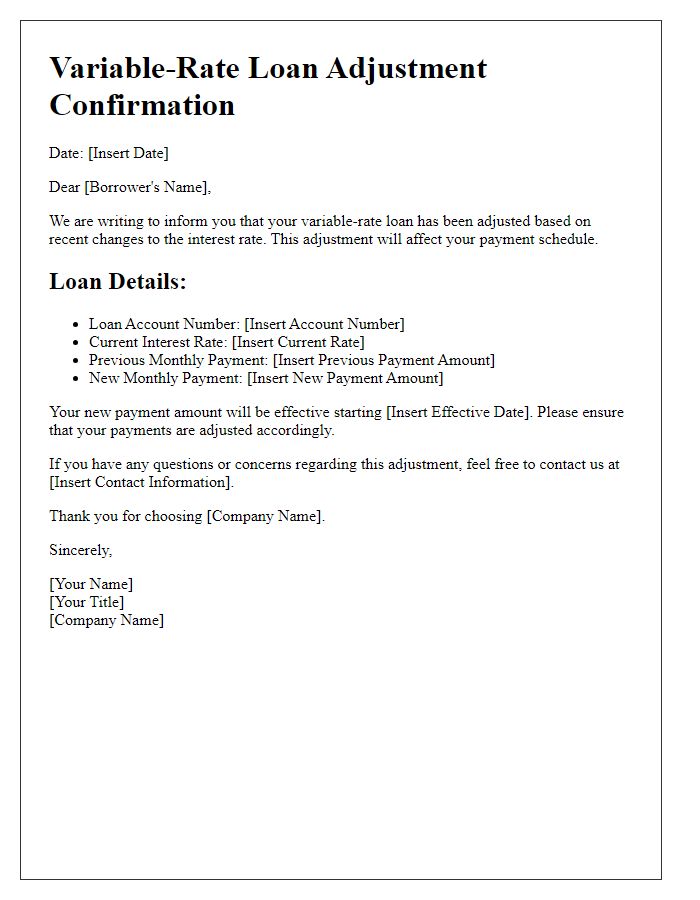 Letter template of variable-rate loan adjustment confirmation for payment changes.