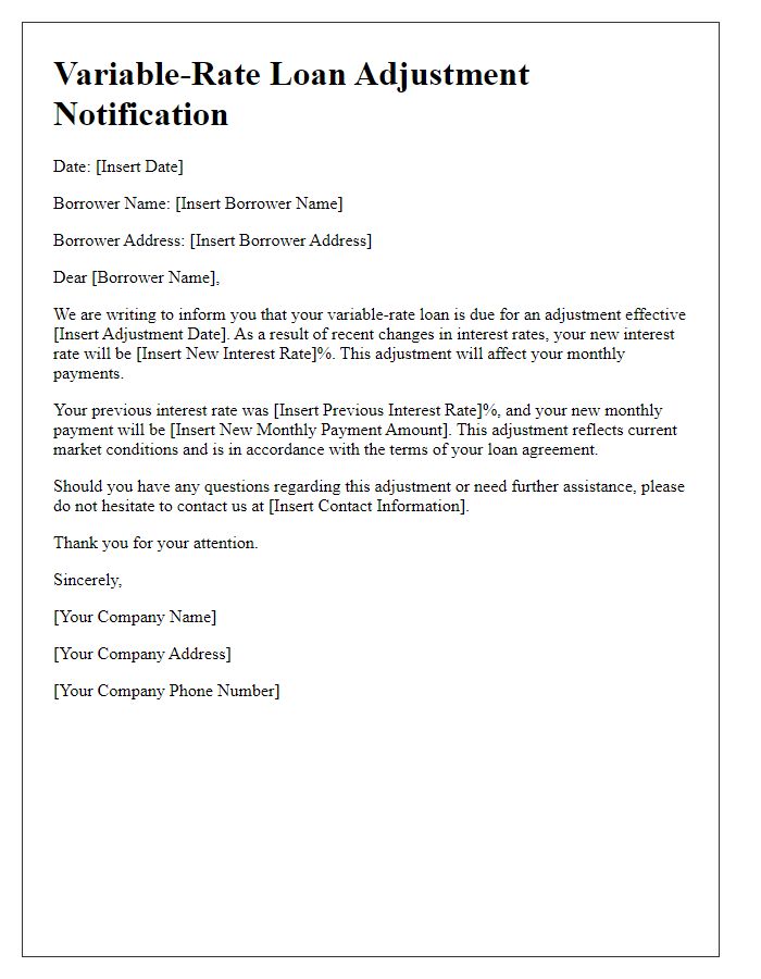 Letter template of variable-rate loan adjustment notification for borrowers.