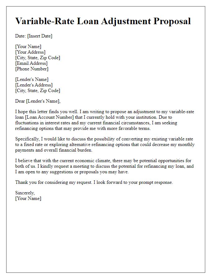 Letter template of variable-rate loan adjustment proposal for refinancing options.