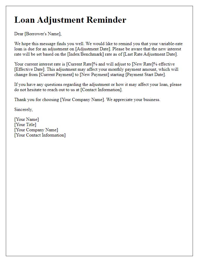 Letter template of variable-rate loan adjustment reminder for upcoming rates.