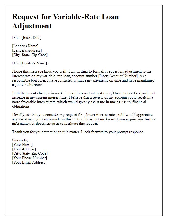 Letter template of variable-rate loan adjustment request for lower interest.