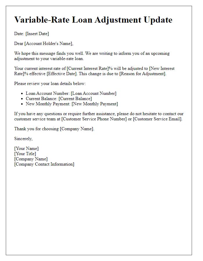 Letter template of variable-rate loan adjustment update for account holders.