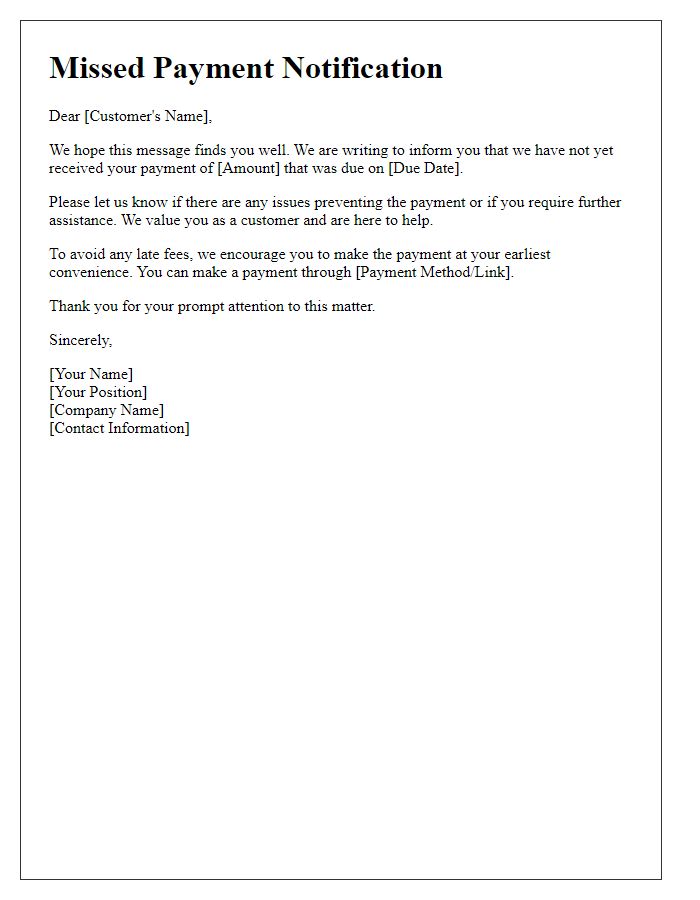 Letter template of missed payment notification.