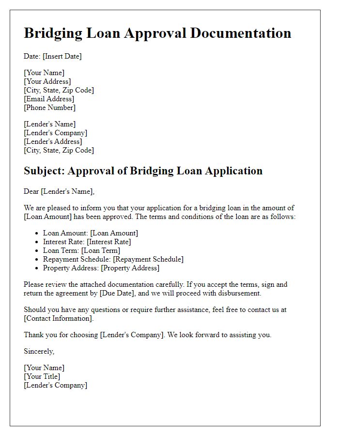 Letter template of bridging loan approval documentation