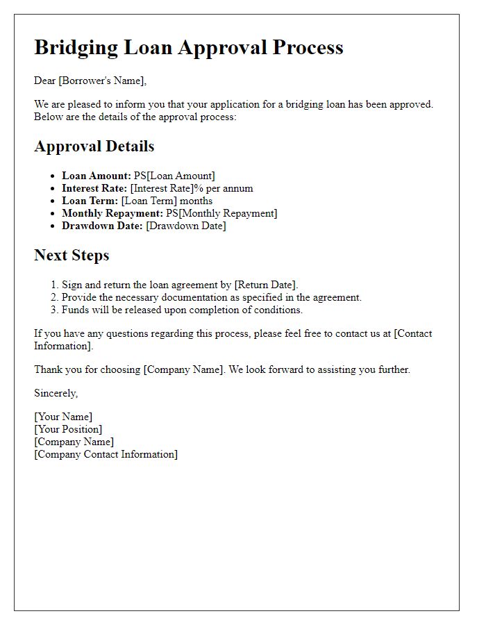 Letter template of bridging loan approval process details